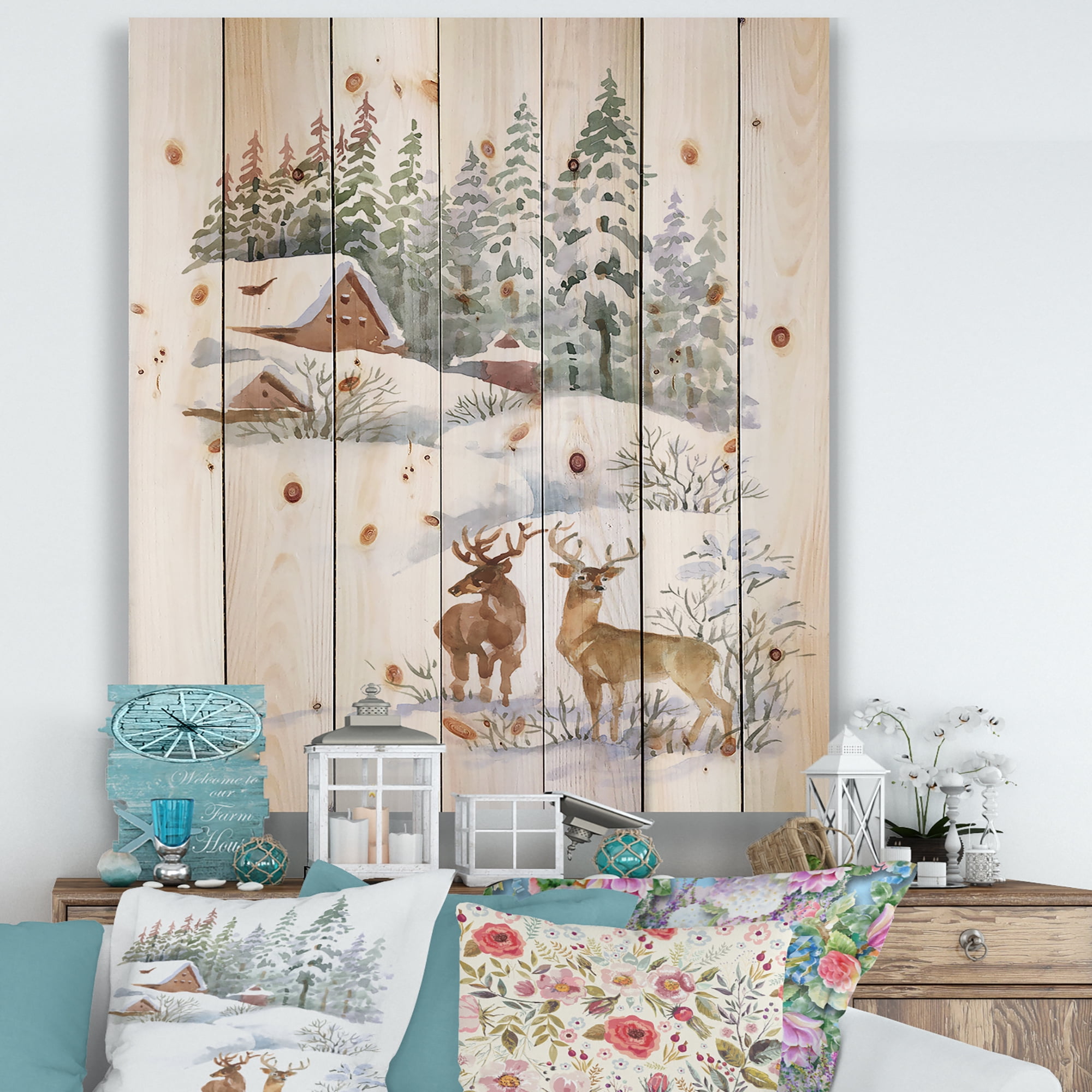 Designart 'Two Deers With Winter Cottage' Farmhouse Print on Natural Pine Wood