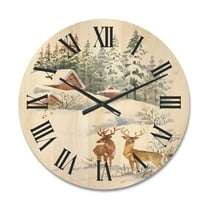Designart 'Two Deers With Winter Cottage' Farmhouse Wood Wall Clock