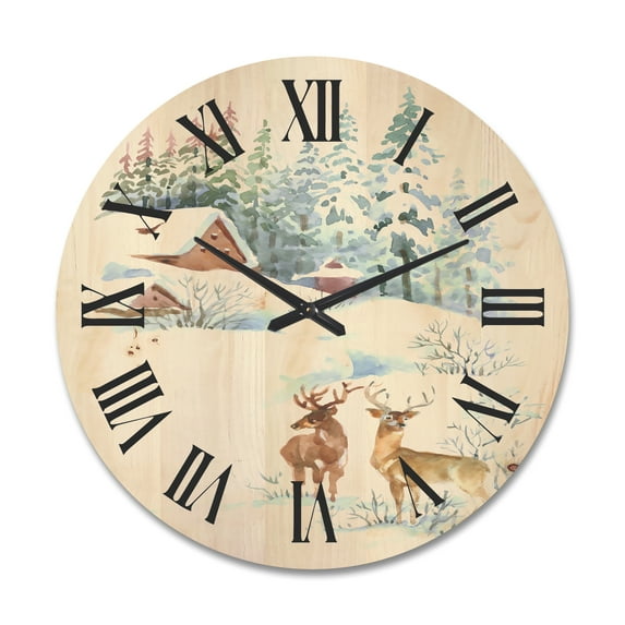 Designart 'Two Deers With Winter Cottage' Farmhouse Wood Wall Clock