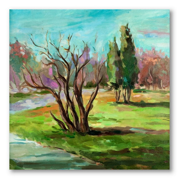 Designart ' Two Distant Trees In A Vibrant Green Landscape ' Traditional Canvas Wall Art Print