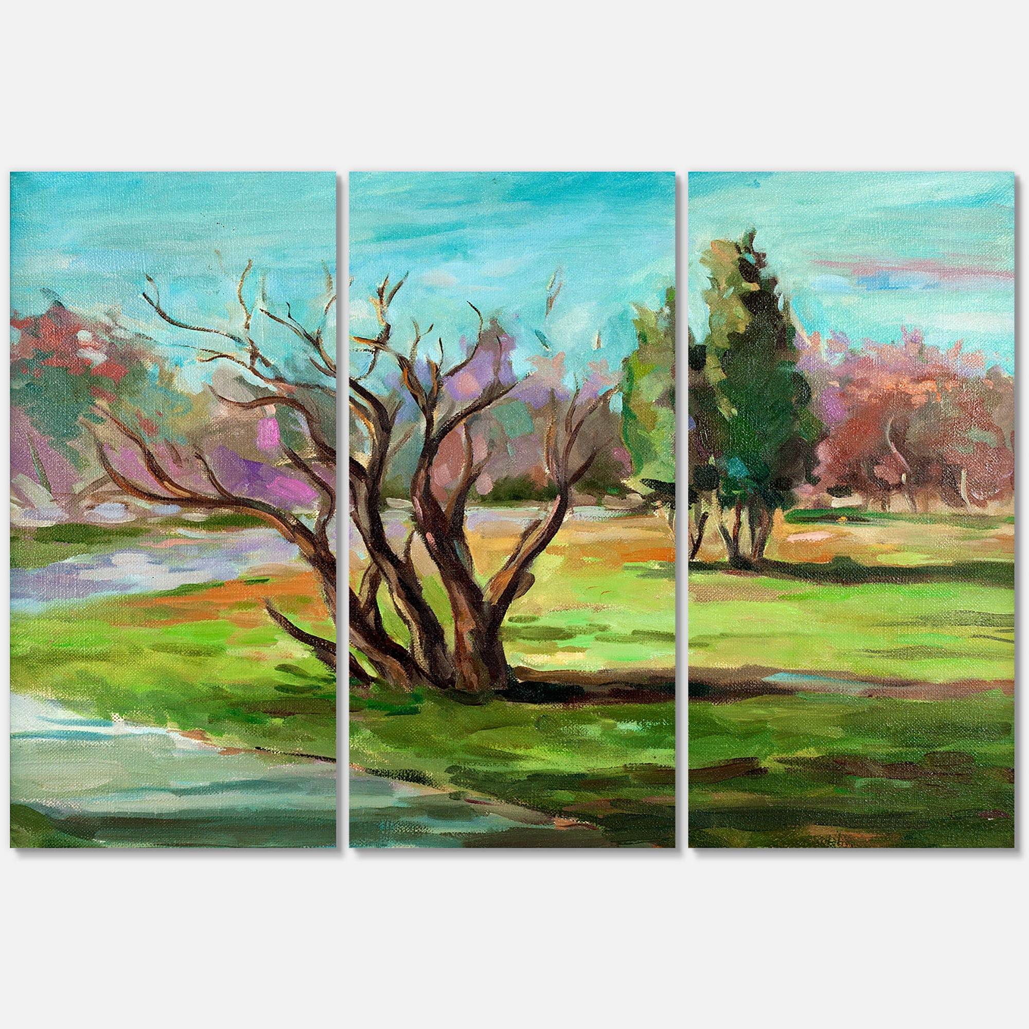 Designart ' Two Distant Trees In A Vibrant Green Landscape ' Traditional Canvas Wall Art Print