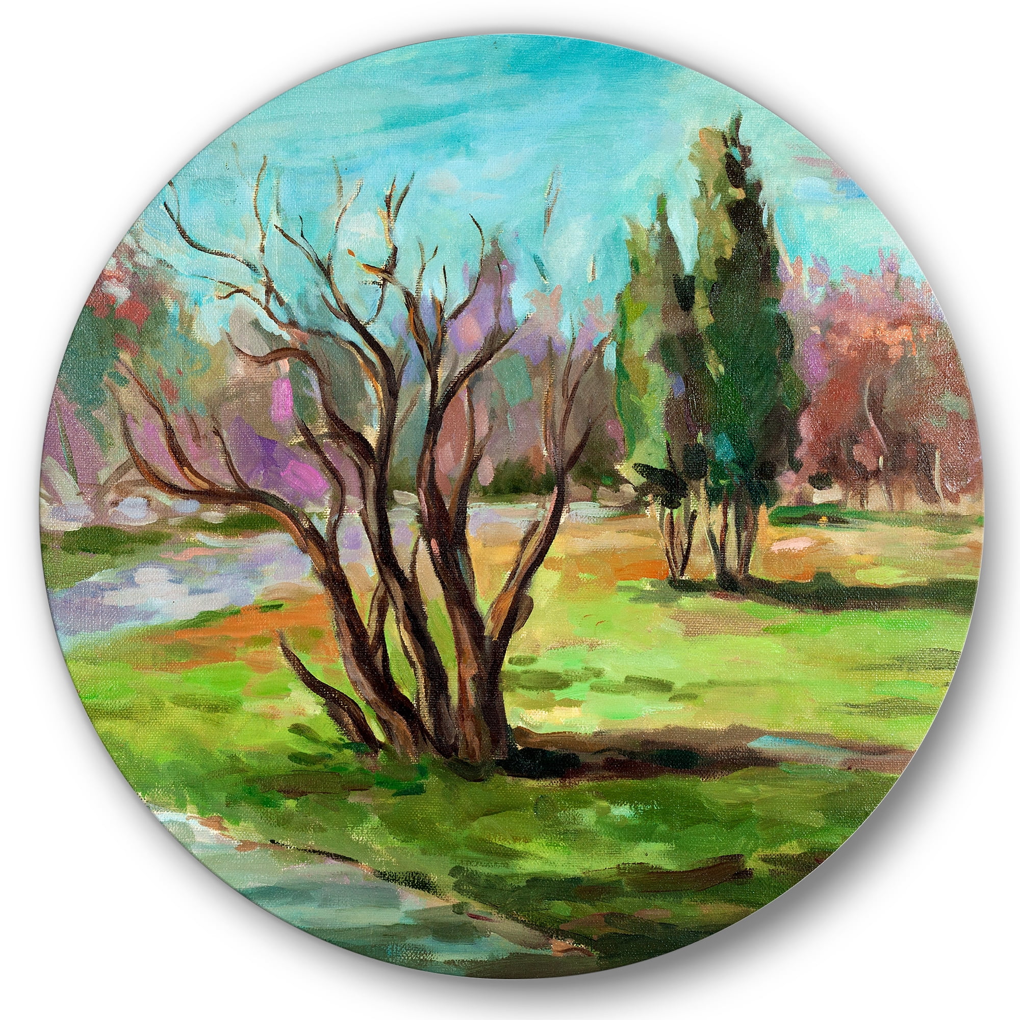 Designart 'Two Distant Trees In A Vibrant Green Landscape' Traditional Circle Metal Wall Art 11x11 - Disc of 11