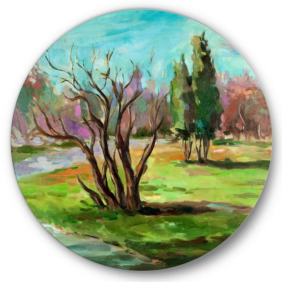 Designart 'Two Distant Trees In A Vibrant Green Landscape' Traditional Circle Metal Wall Art 36x36 - Disc of 36