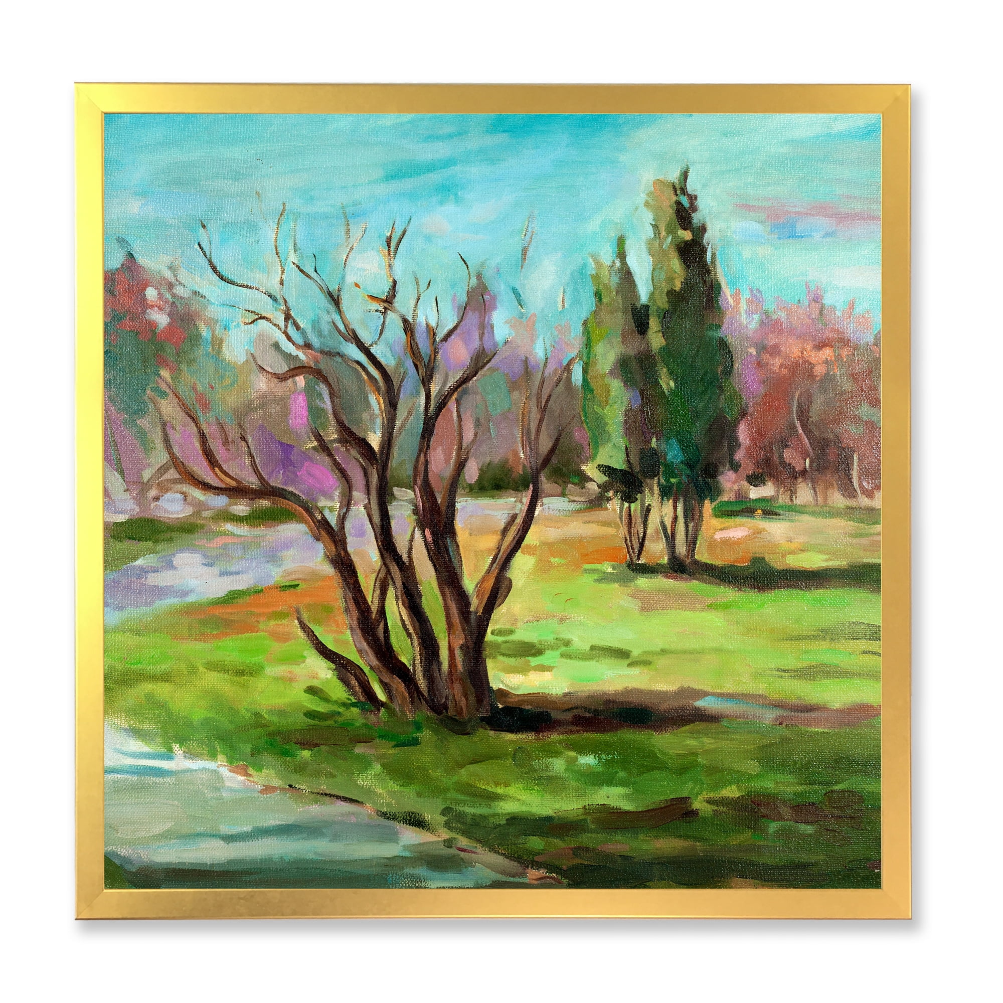 Designart 'Two Distant Trees In A Vibrant Green Landscape' Traditional Framed Art Print
