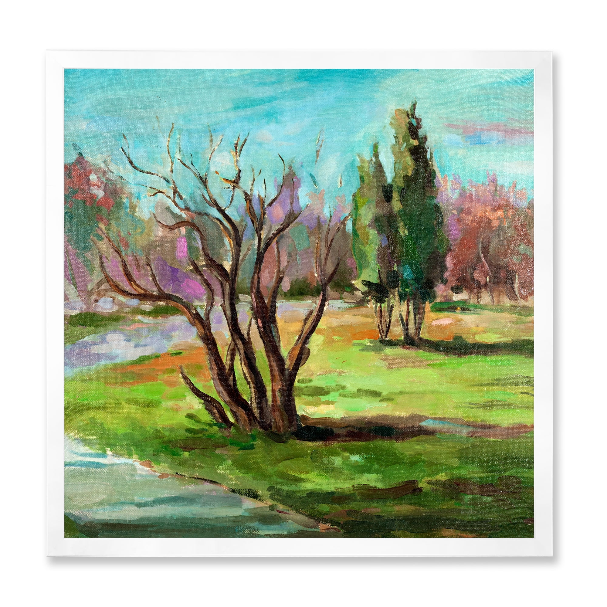 Designart 'Two Distant Trees In A Vibrant Green Landscape' Traditional Framed Art Print