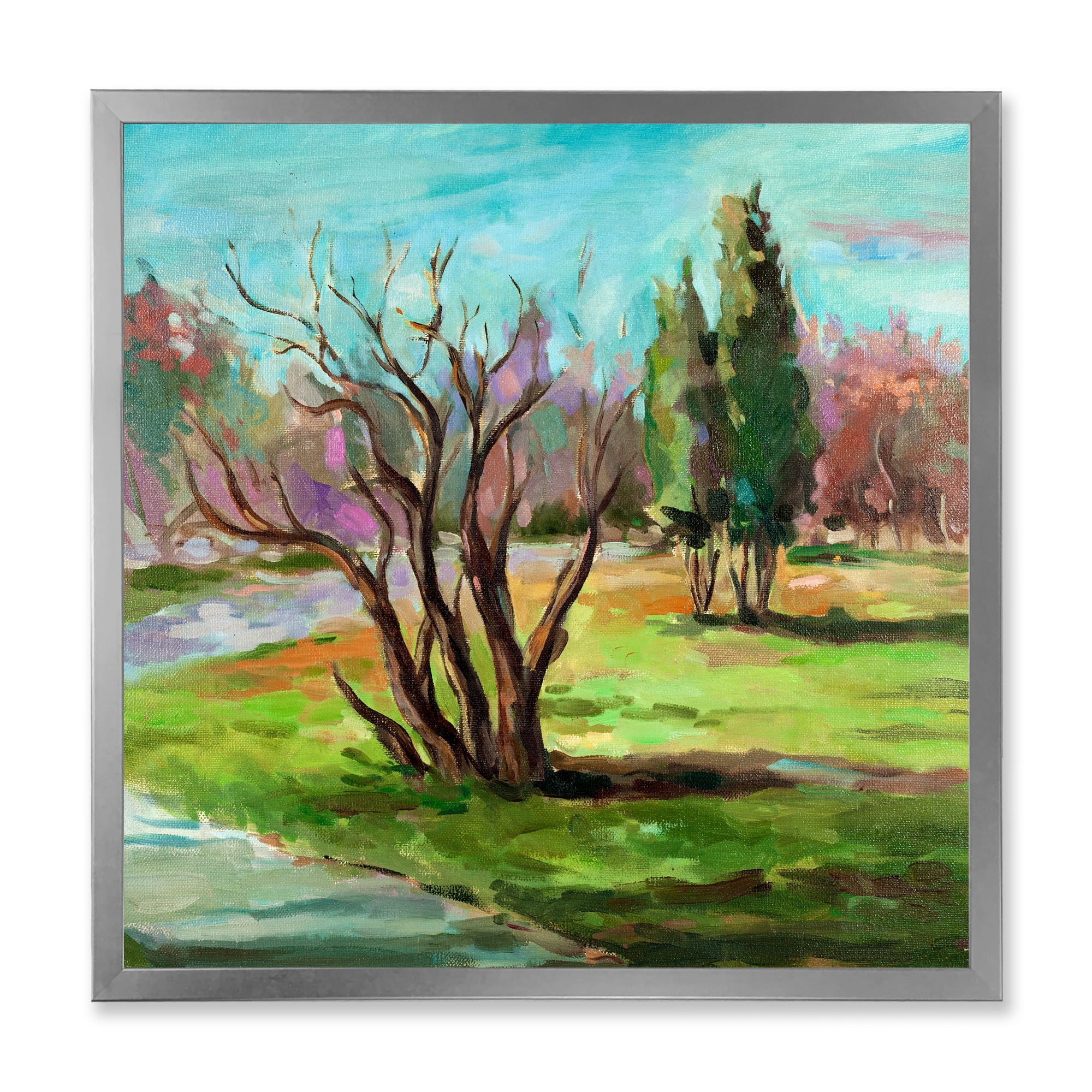 Designart 'Two Distant Trees In A Vibrant Green Landscape' Traditional Framed Art Print