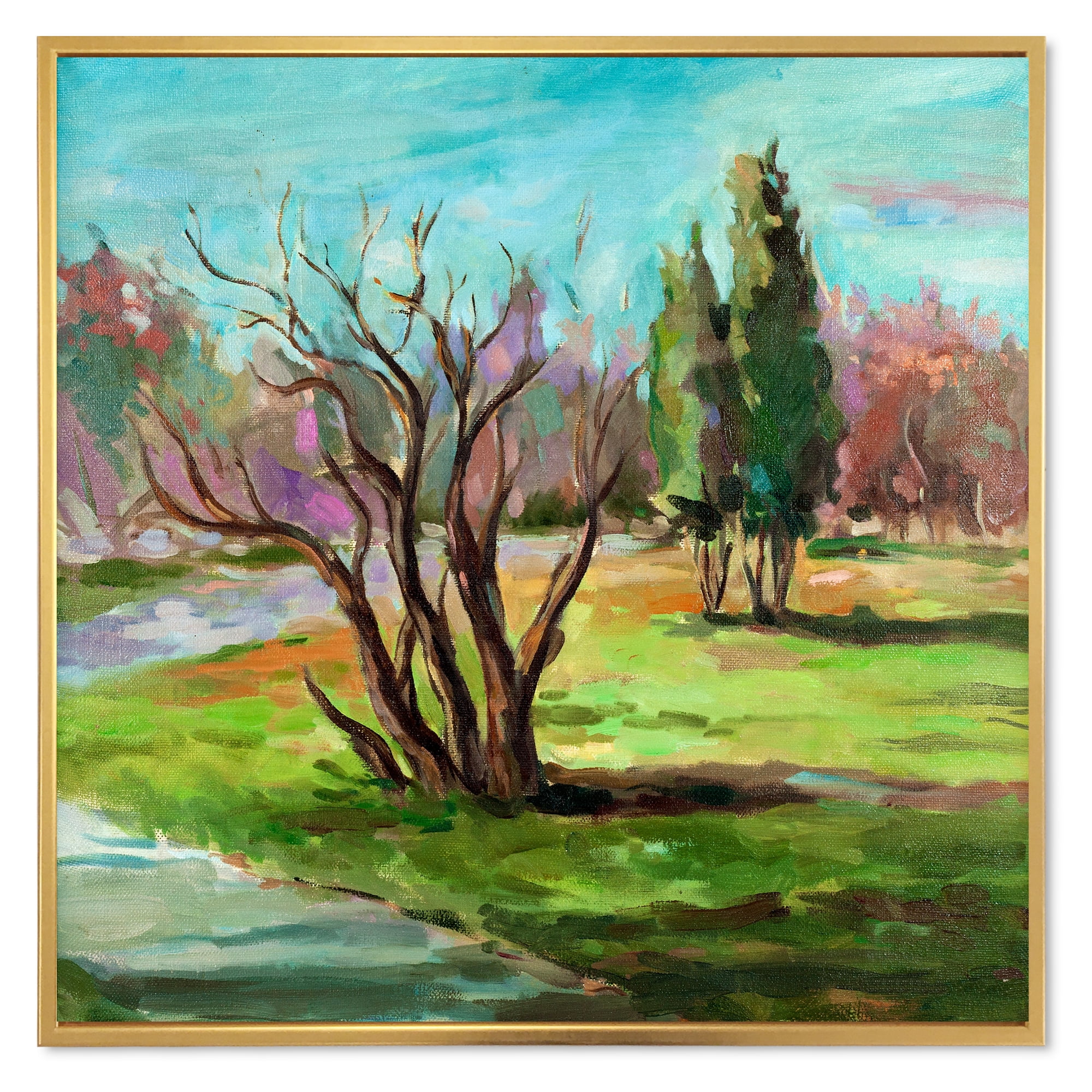 Designart 'Two Distant Trees In A Vibrant Green Landscape' Traditional Framed Canvas Wall Art Print