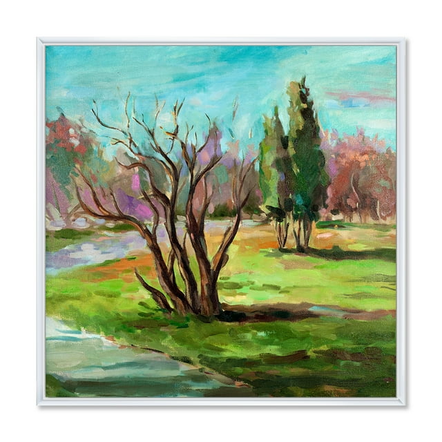 Designart 'Two Distant Trees In A Vibrant Green Landscape' Traditional Framed Canvas Wall Art Print