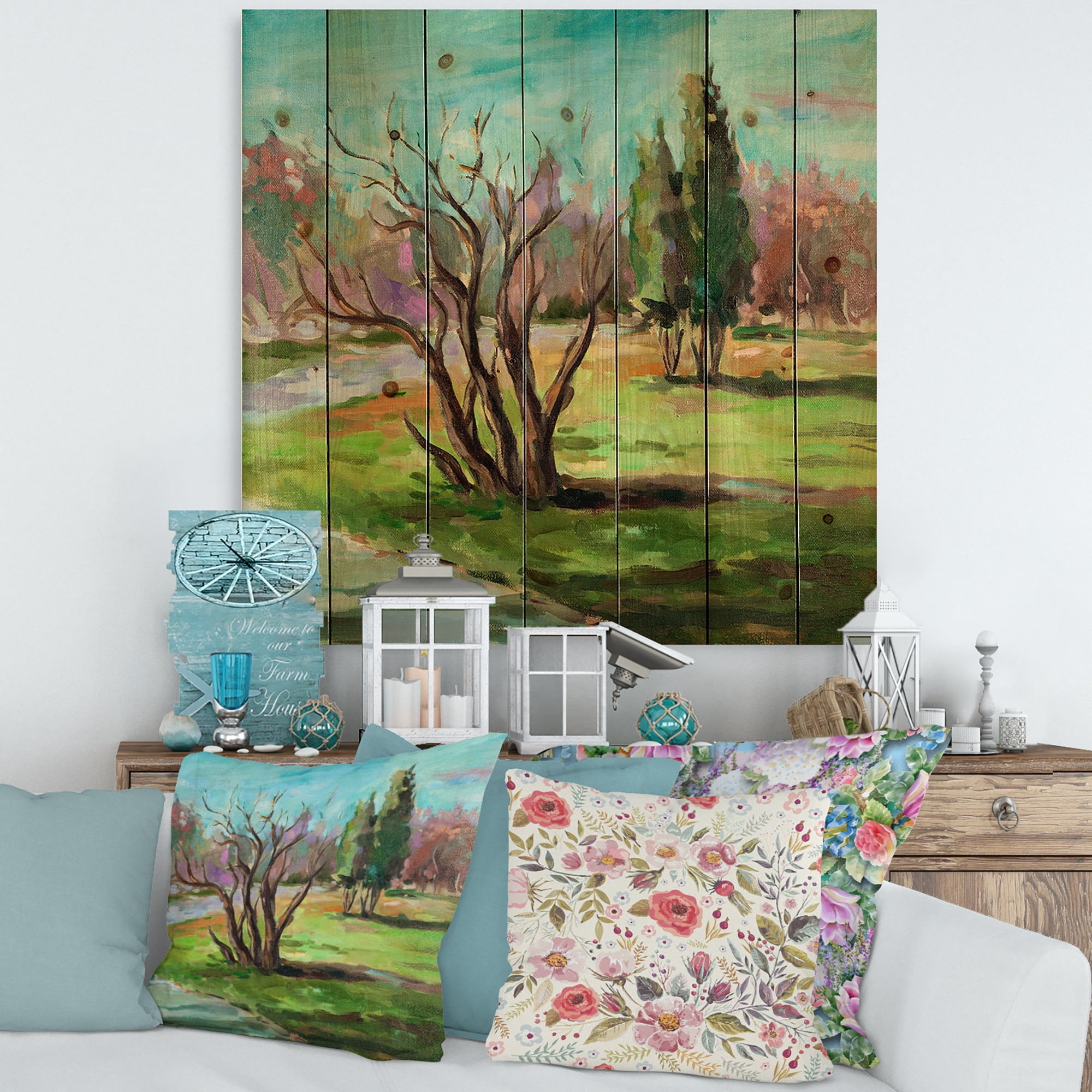 Designart 'Two Distant Trees In A Vibrant Green Landscape' Traditional Print on Natural Pine Wood