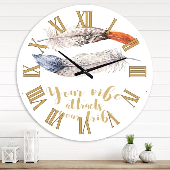 Designart 'Two Feathers Your Vibe Attracts Your Tribe' Bohemian & Eclectic Wall Clock