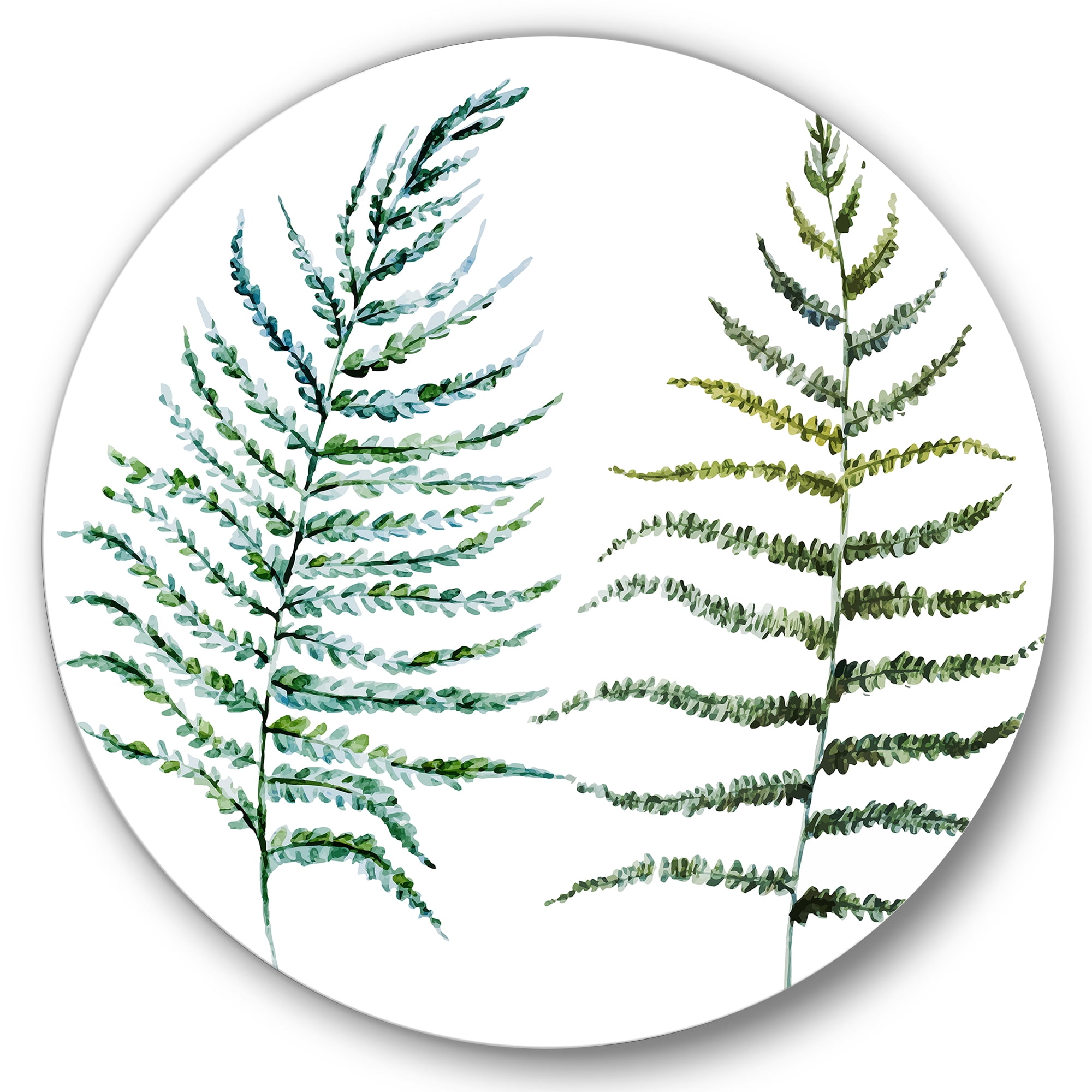 Designart 'Two Fern Leaves On White' Farmhouse Circle Metal Wall Art 23x23 - Disc of 23