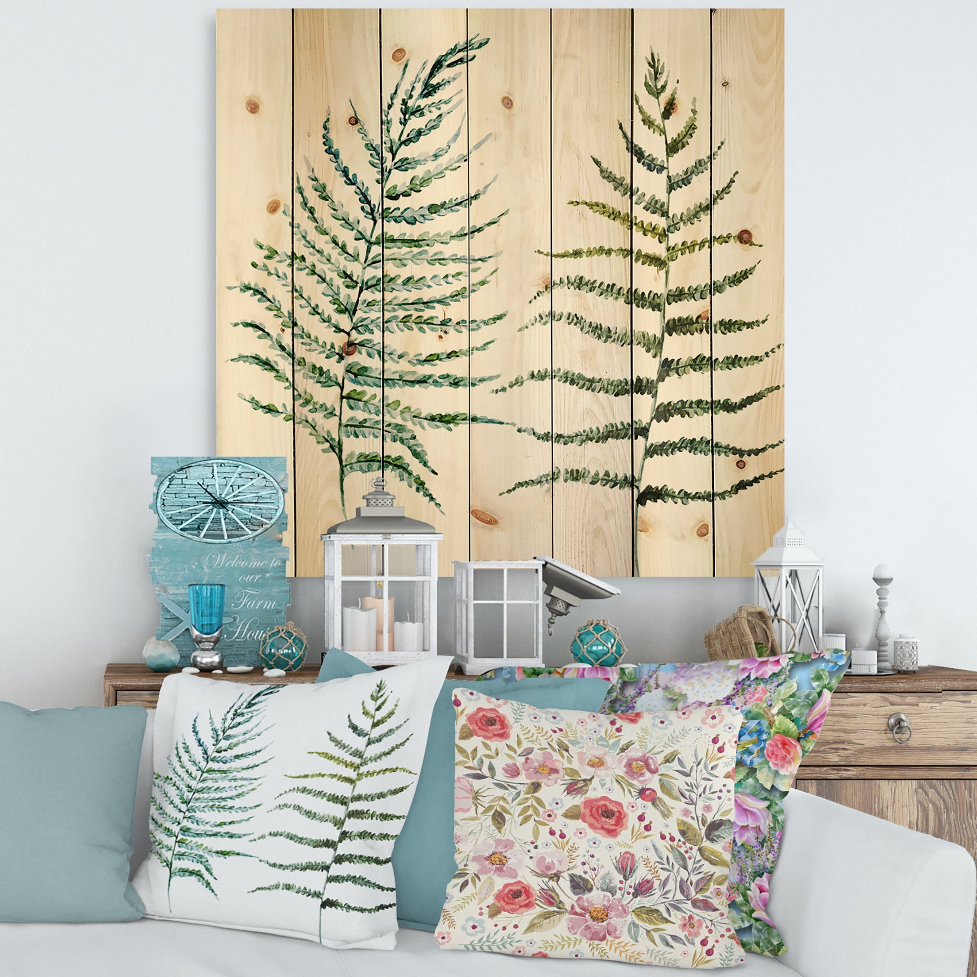 Designart 'Two Fern Leaves On White' Farmhouse Print on Natural Pine Wood