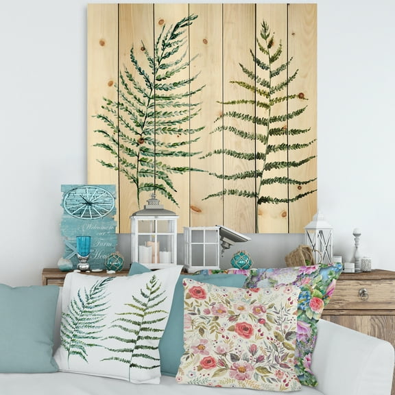 Designart 'Two Fern Leaves On White' Farmhouse Print on Natural Pine Wood