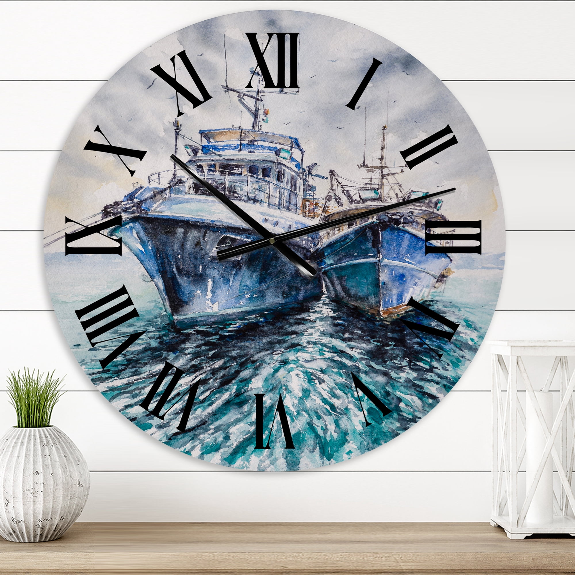 Designart 'Two Fishing Boats Before A Storm Anchored' Nautical & Coastal Wall Clock
