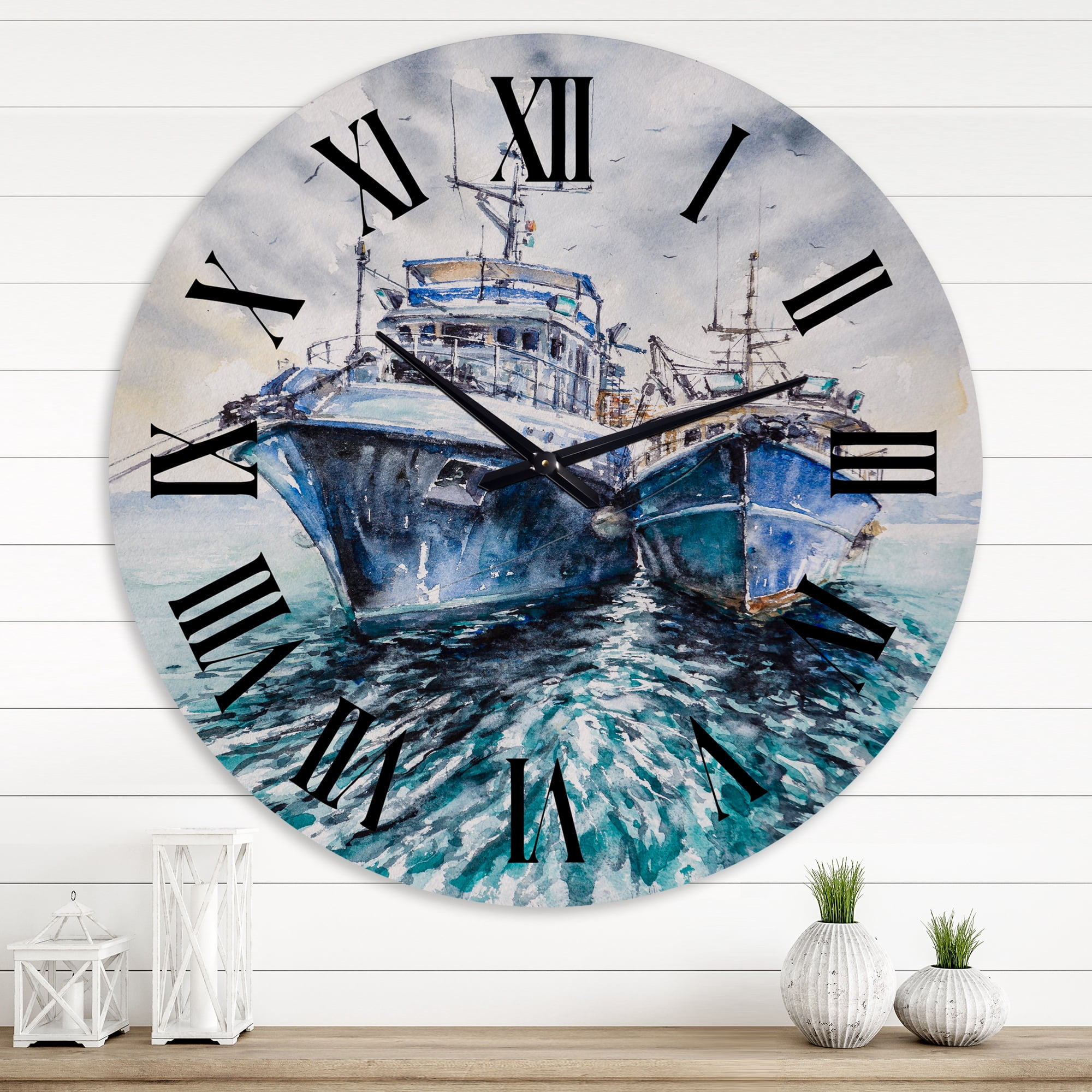 Designart 'Two Fishing Boats Before A Storm Anchored' Nautical & Coastal Wall Clock