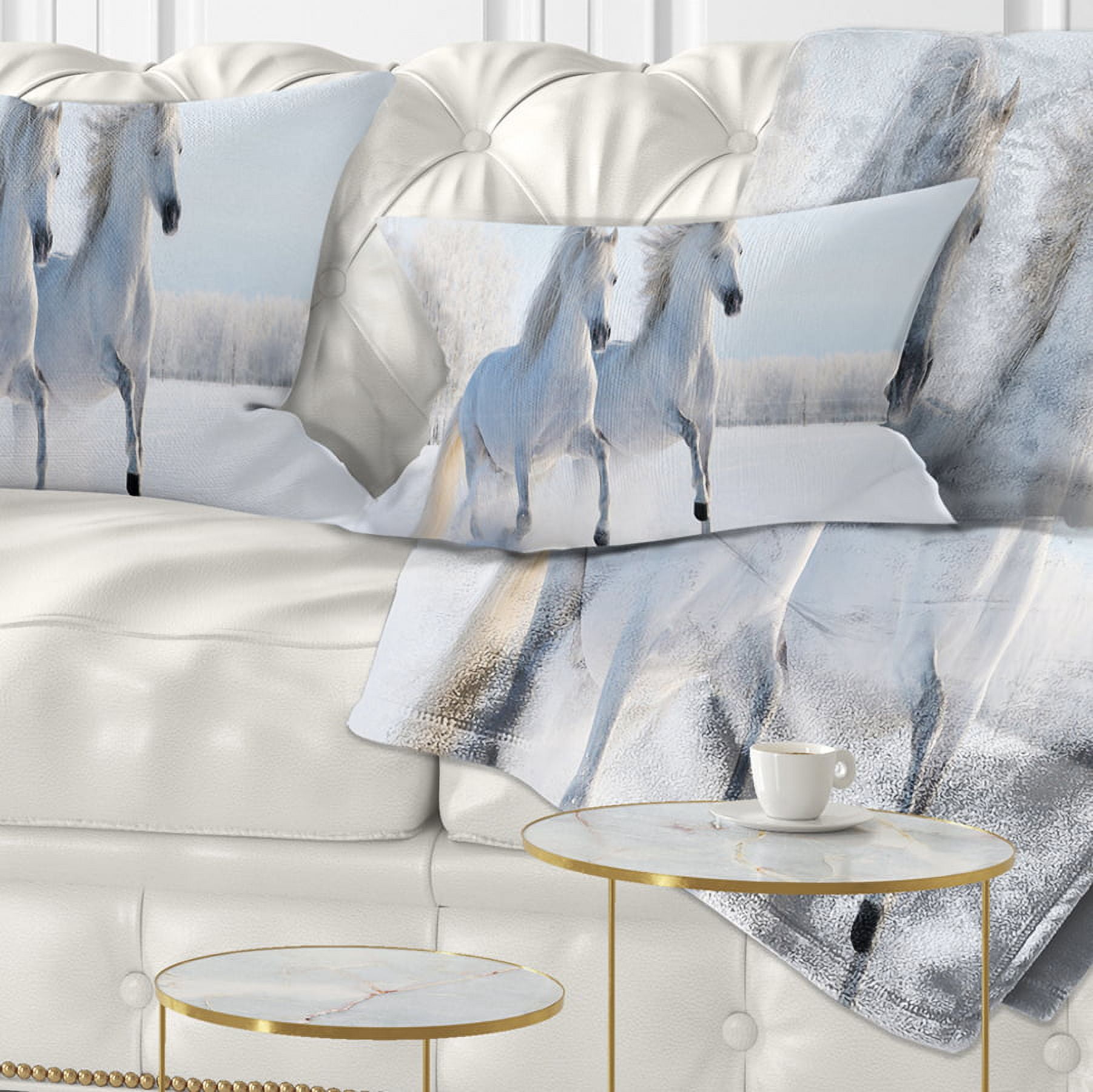 Designart Two Galloping White Ponies - Animal Photo Throw Pillow - 12x20