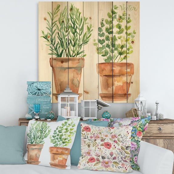 Designart 'Two Green House Plants In Orange Cly Pots' Traditional Print on Natural Pine Wood