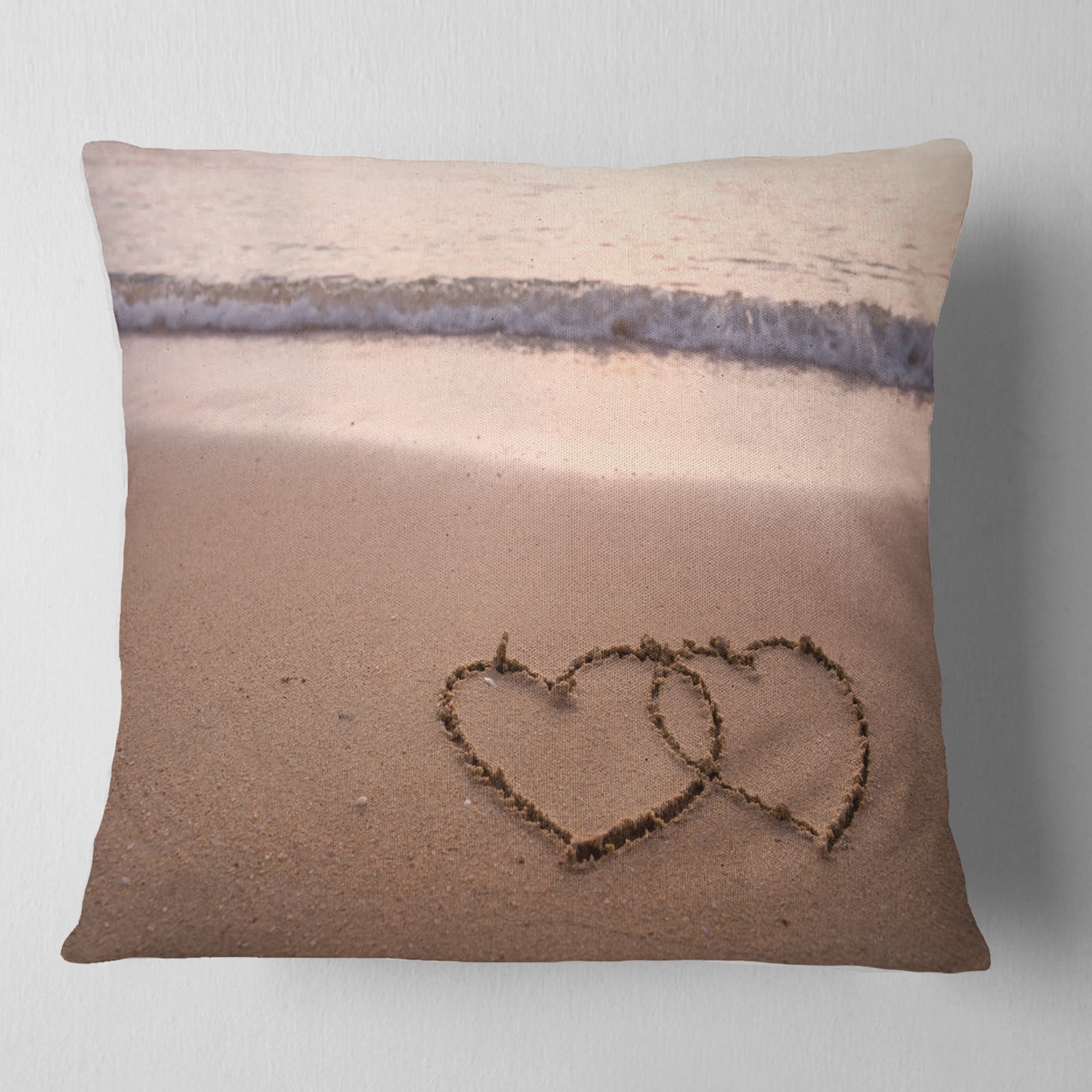 Designart Two Hearts Drawn on the Beach - Seascape Throw Pillow - 18x18