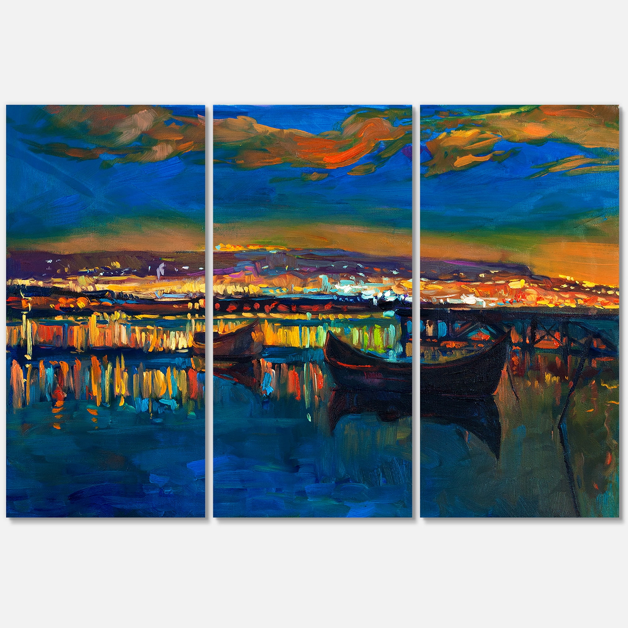 Designart ' Two Little Boats In The VIllage Harbor Ar Night ' Nautical & Coastal Canvas Wall Art Print