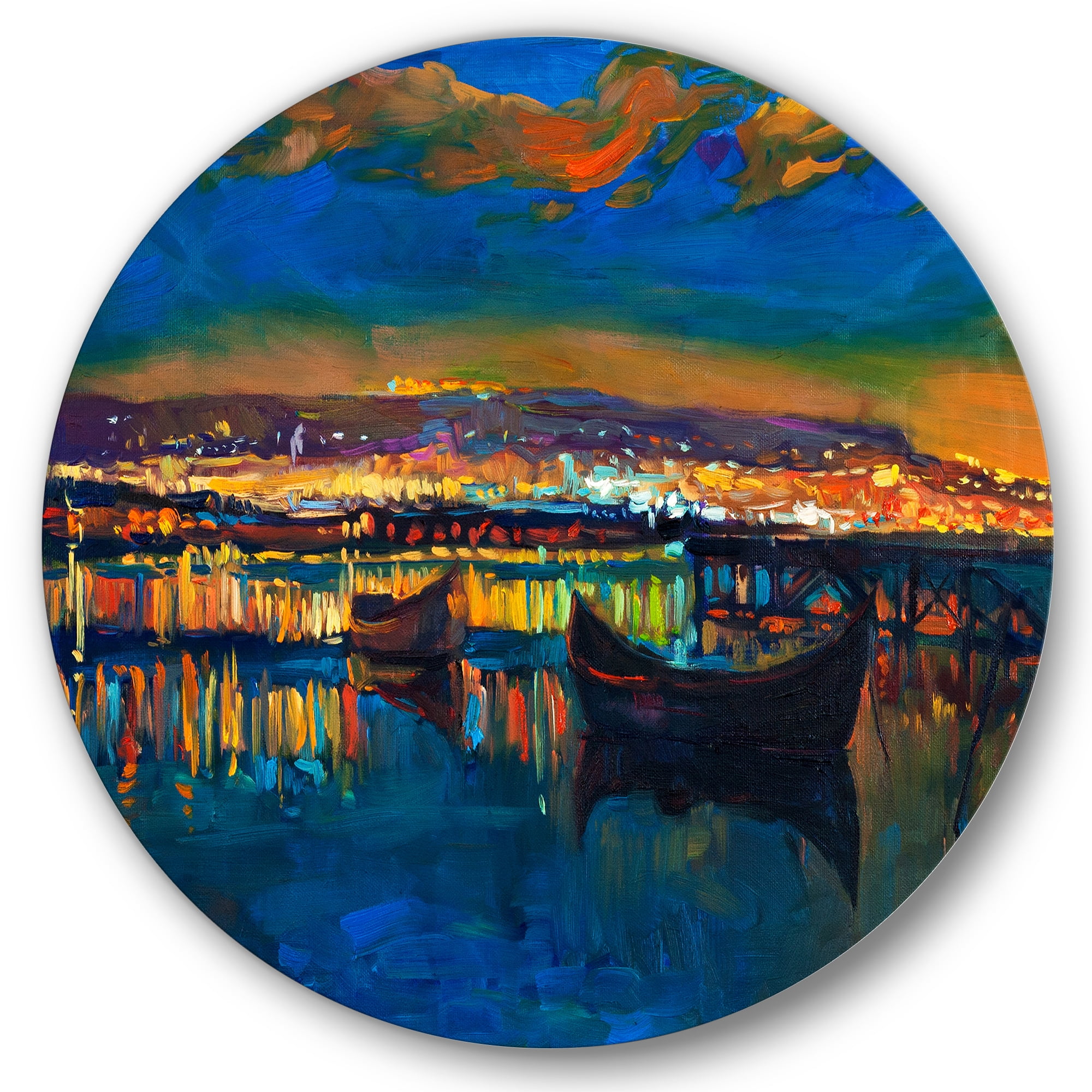 Designart 'Two Little Boats In The VIllage Harbor Ar Night' Nautical & Coastal Circle Metal Wall Art 29x29 - Disc of 29