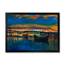 Designart 'Two Little Boats In The VIllage Harbor Ar Night' Nautical & Coastal Framed Art Print