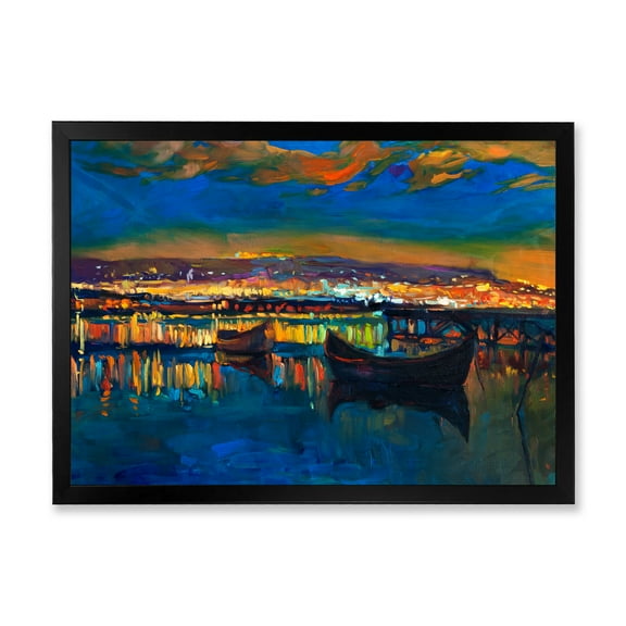Designart 'Two Little Boats In The VIllage Harbor Ar Night' Nautical & Coastal Framed Art Print