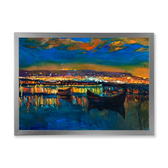 Designart 'Two Little Boats In The VIllage Harbor Ar Night' Nautical & Coastal Framed Art Print
