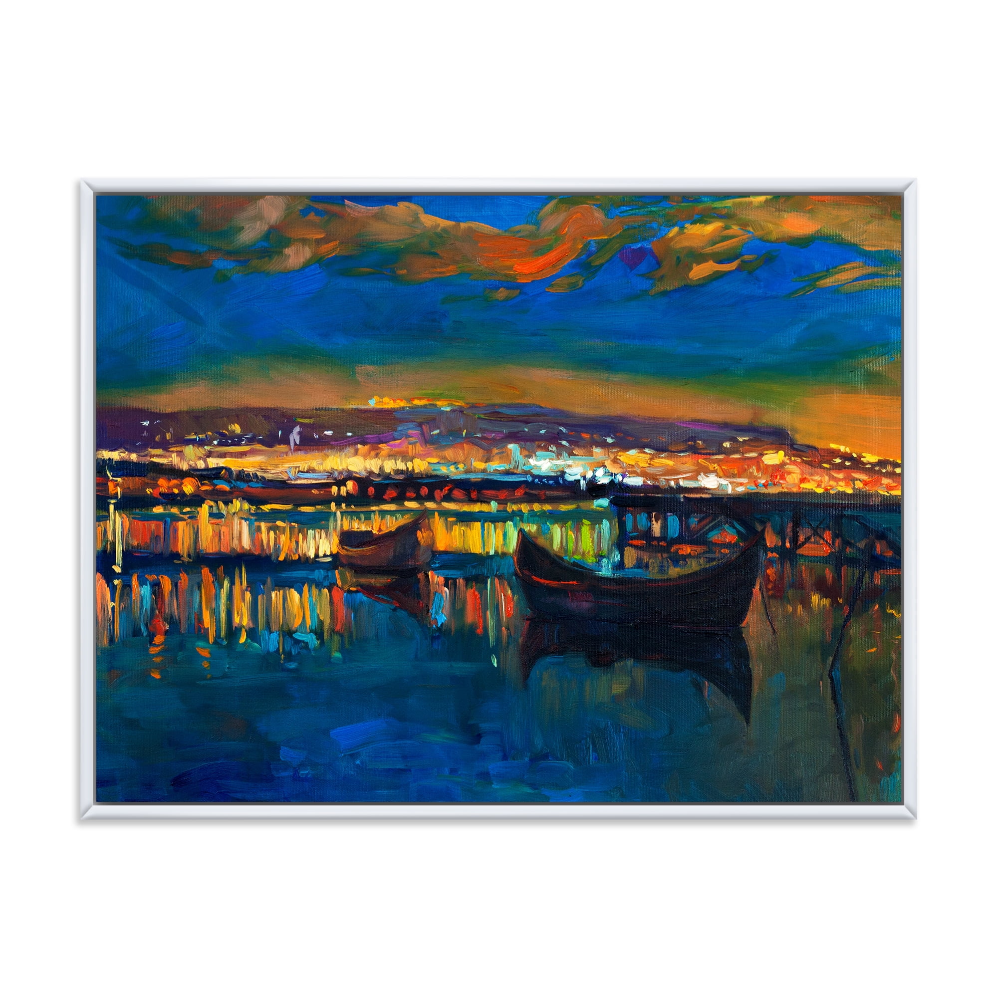 Designart 'Two Little Boats In The VIllage Harbor Ar Night' Nautical & Coastal Framed Canvas Wall Art Print
