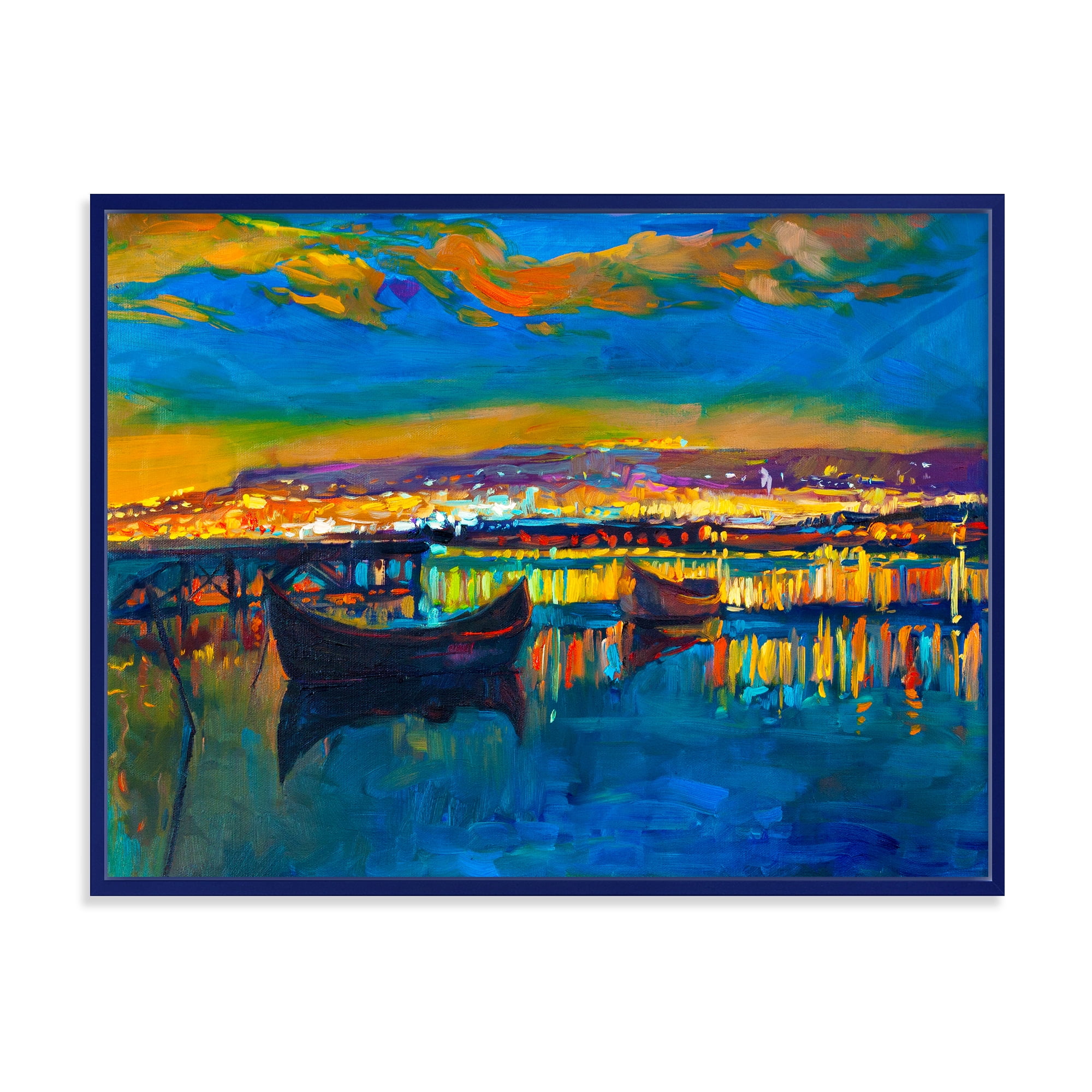 Designart 'Two Little Boats In The VIllage Harbor Ar Night' Nautical & Coastal Framed Canvas Wall Art Print