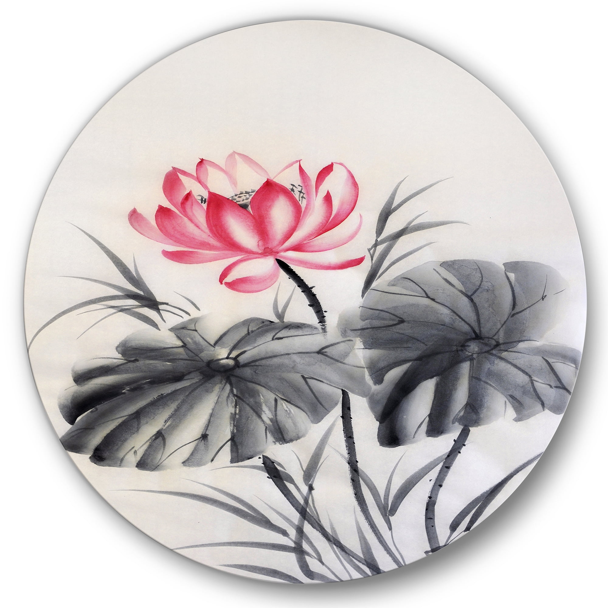 Designart 'Two Monochrome Leaves With Lotus Flower' Traditional Circle Metal Wall Art 23x23 - Disc of 23