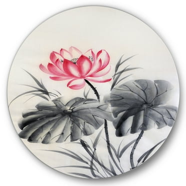 Designart 'Two Monochrome Leaves With Lotus Flower' Traditional Circle Metal Wall Art 36x36 - Disc of 36