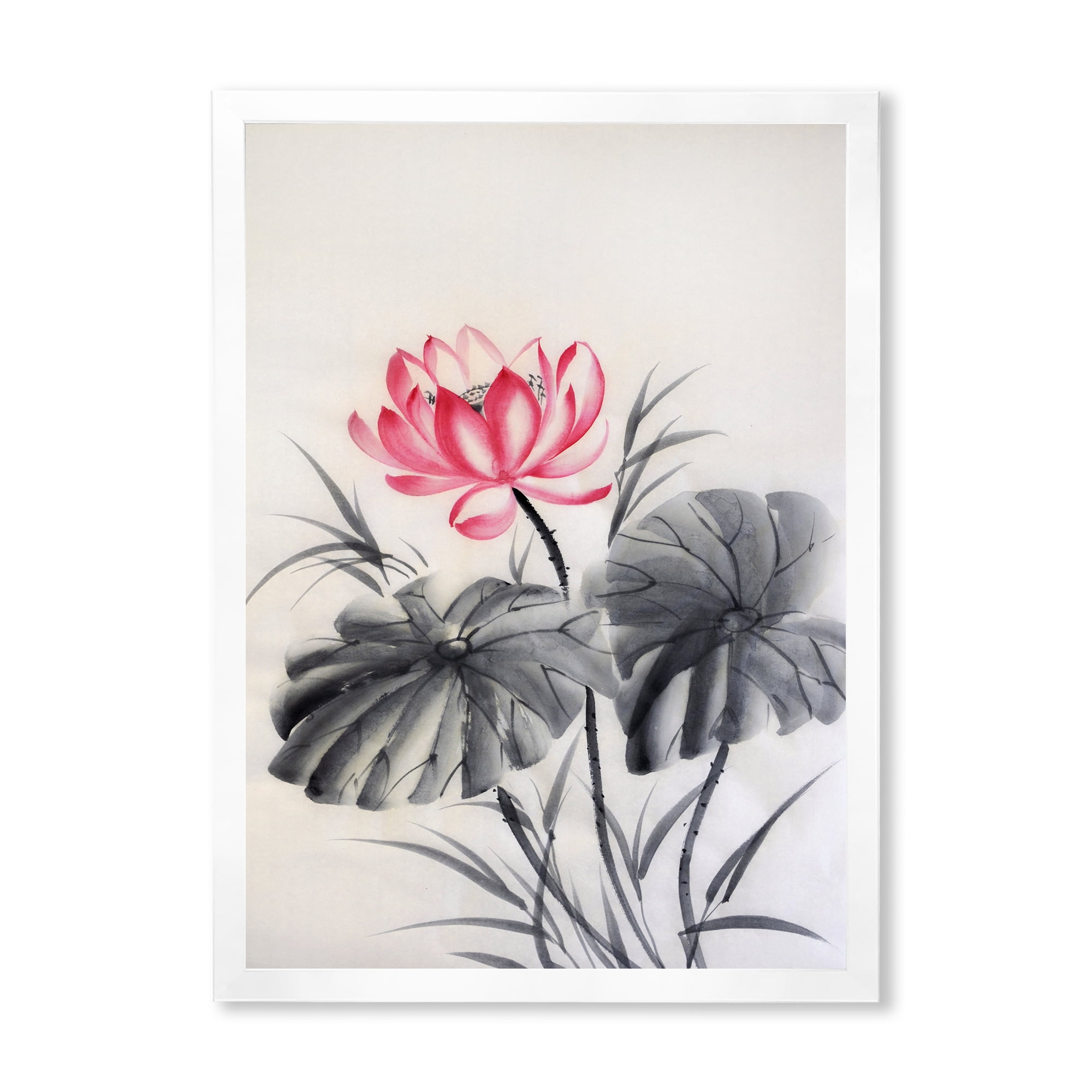 Designart 'Two Monochrome Leaves With Lotus Flower' Traditional Framed Art Print