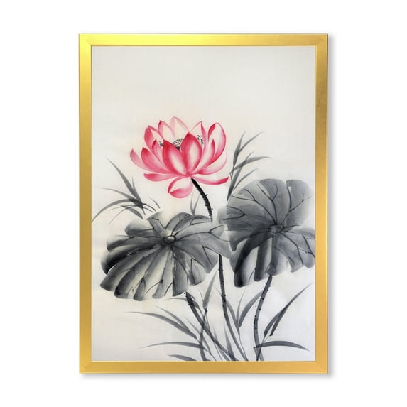 Designart 'Two Monochrome Leaves With Lotus Flower' Traditional Framed Art Print