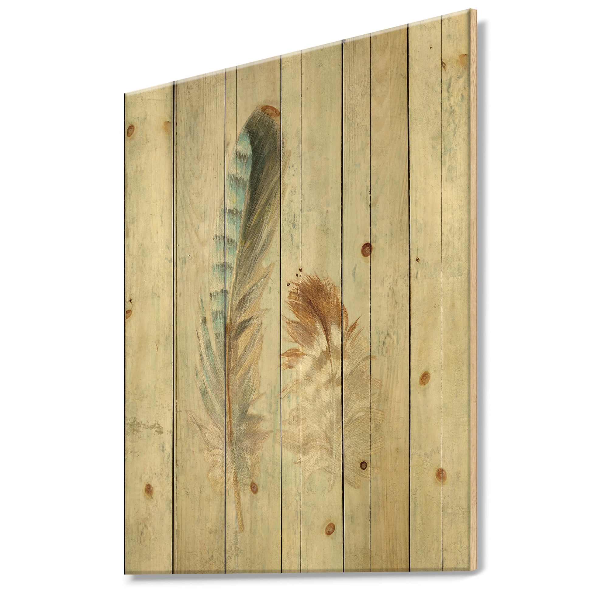 Designart 'Two Natural Feathers on Wood I' Farmhouse Print on Natural Pine Wood
