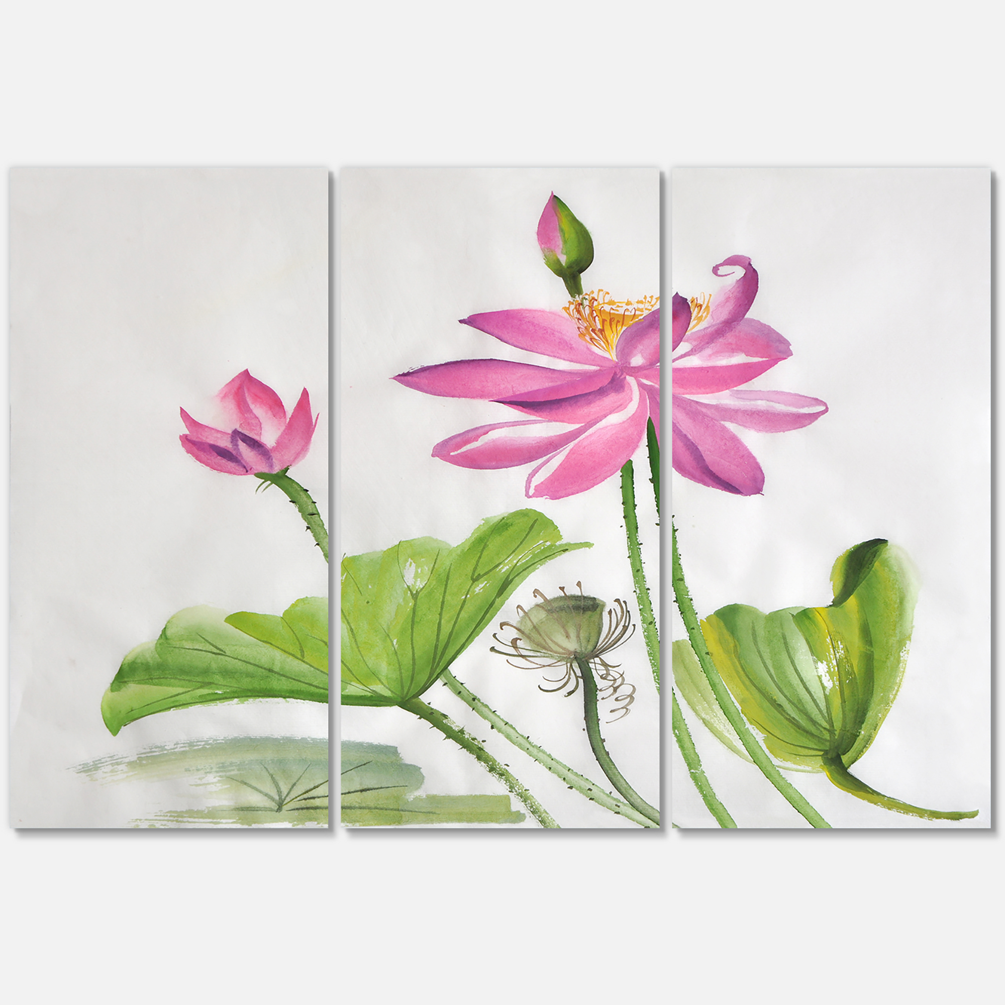 Designart ' Two Pink Lotus Flowers With Green Leaves ' Traditional Canvas Wall Art Print