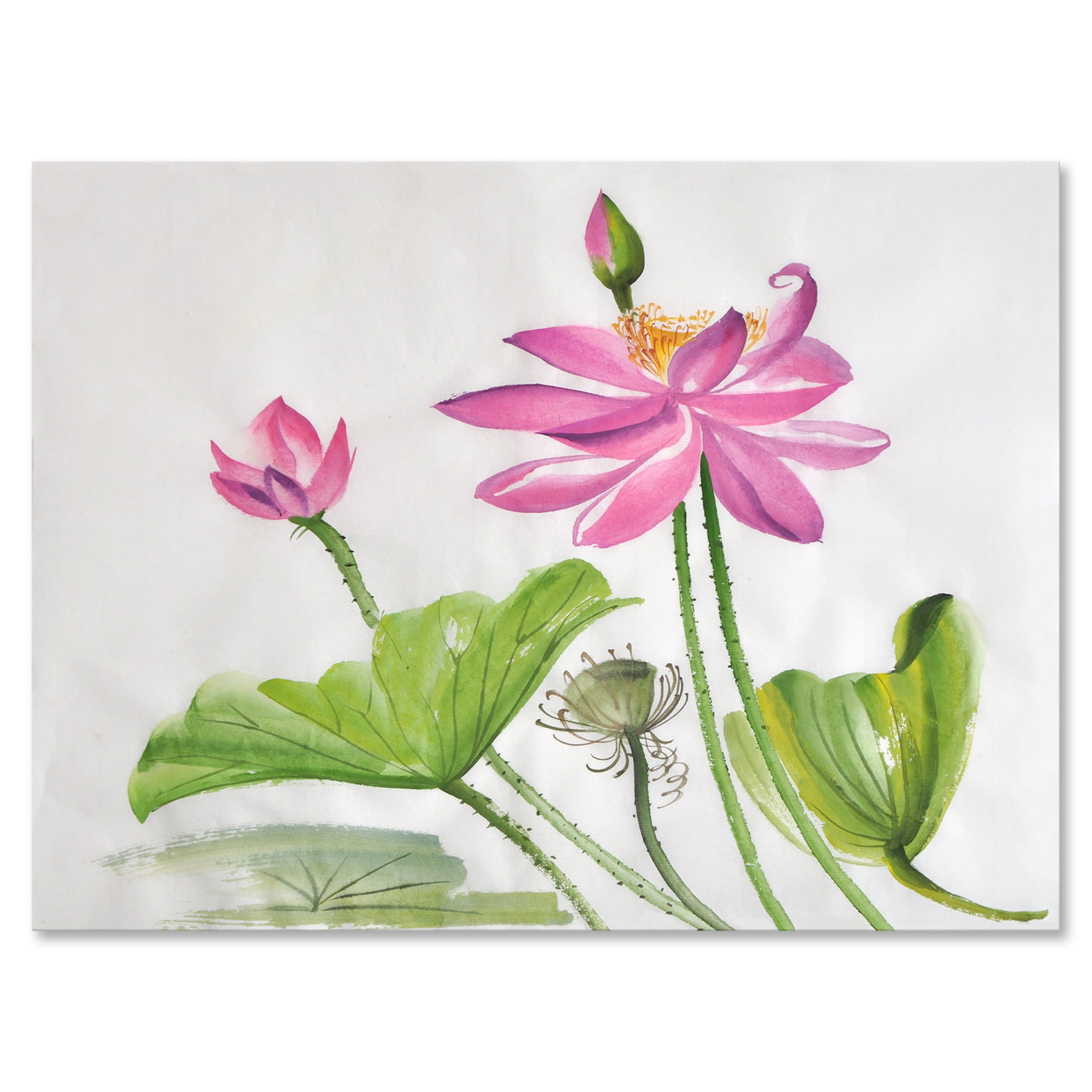 Designart ' Two Pink Lotus Flowers With Green Leaves ' Traditional Canvas Wall Art Print