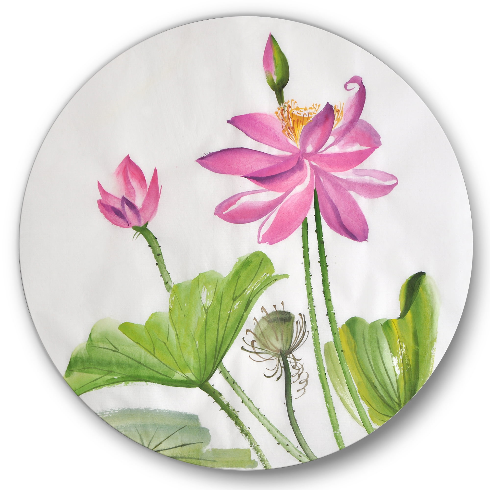 Designart 'Two Pink Lotus Flowers With Green Leaves' Traditional Circle Metal Wall Art 11x11 - Disc of 11