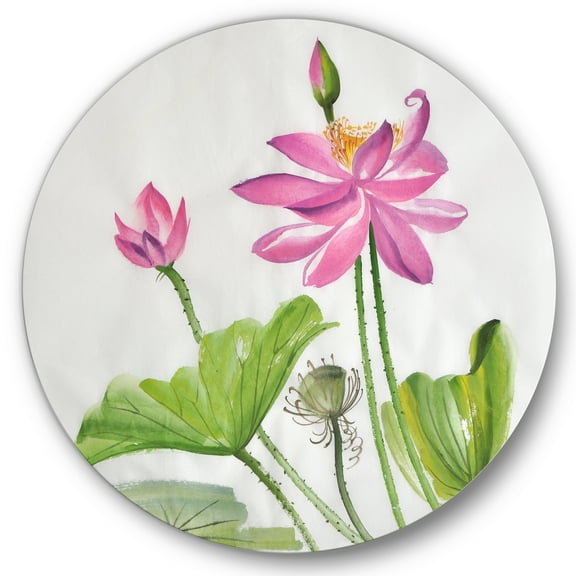Designart 'Two Pink Lotus Flowers With Green Leaves' Traditional Circle Metal Wall Art 36x36 - Disc of 36