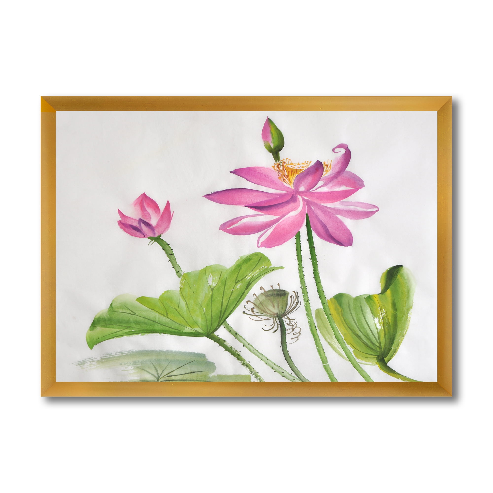 Designart 'Two Pink Lotus Flowers With Green Leaves' Traditional Framed Art Print