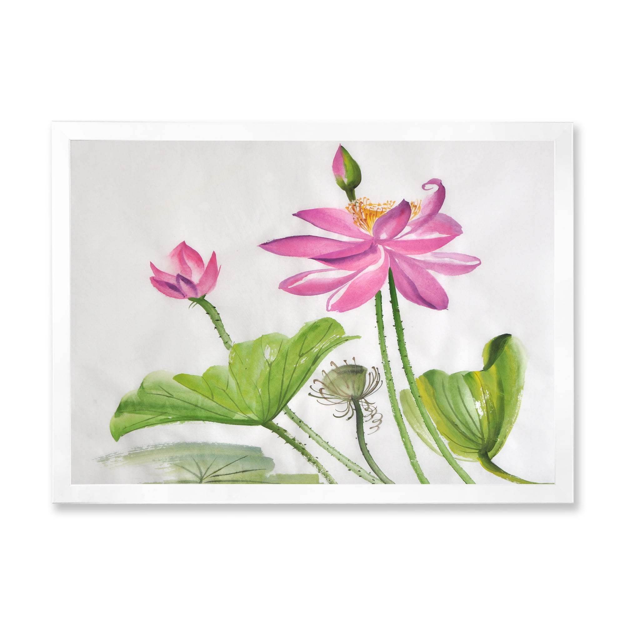 Designart 'Two Pink Lotus Flowers With Green Leaves' Traditional Framed Art Print