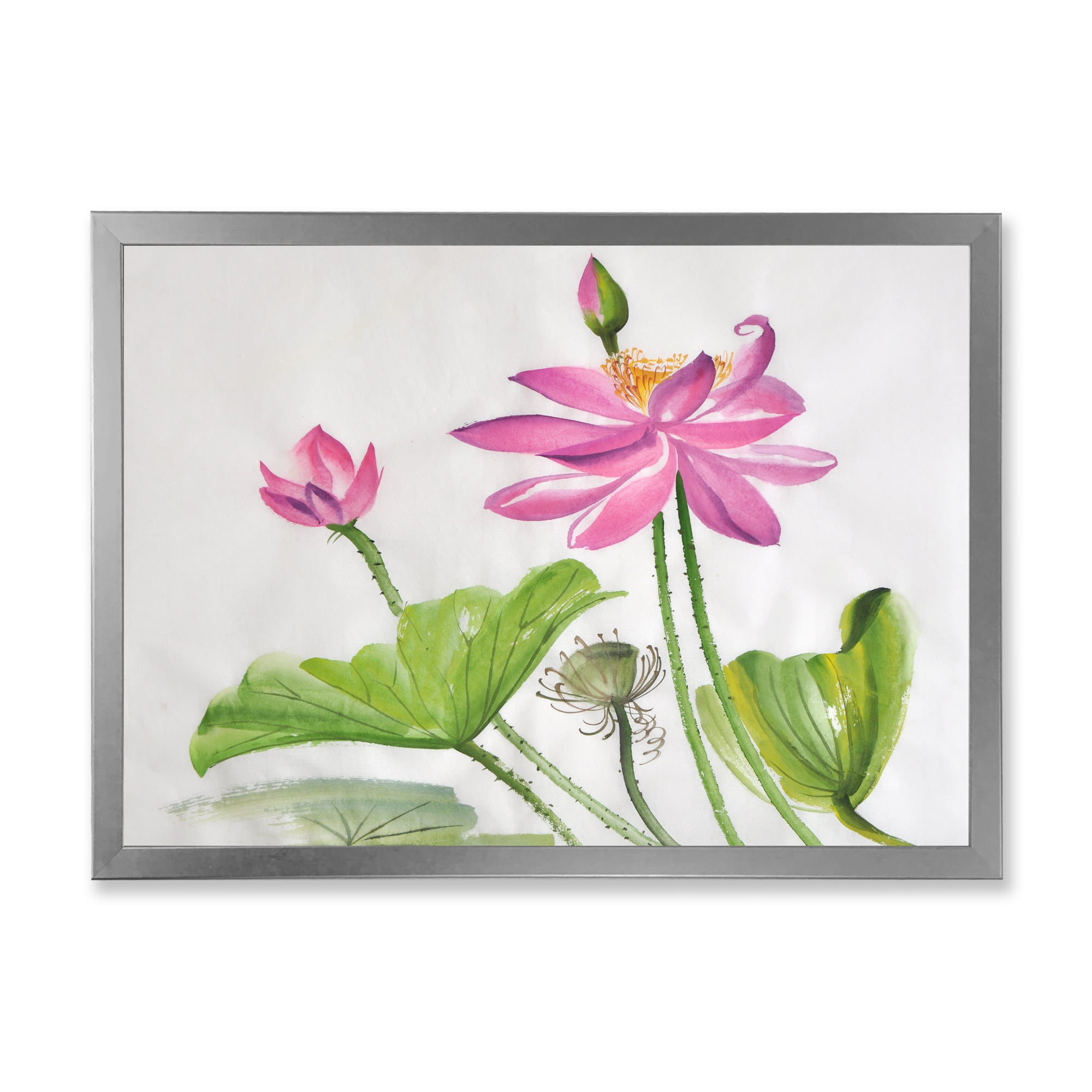Designart 'Two Pink Lotus Flowers With Green Leaves' Traditional Framed Art Print