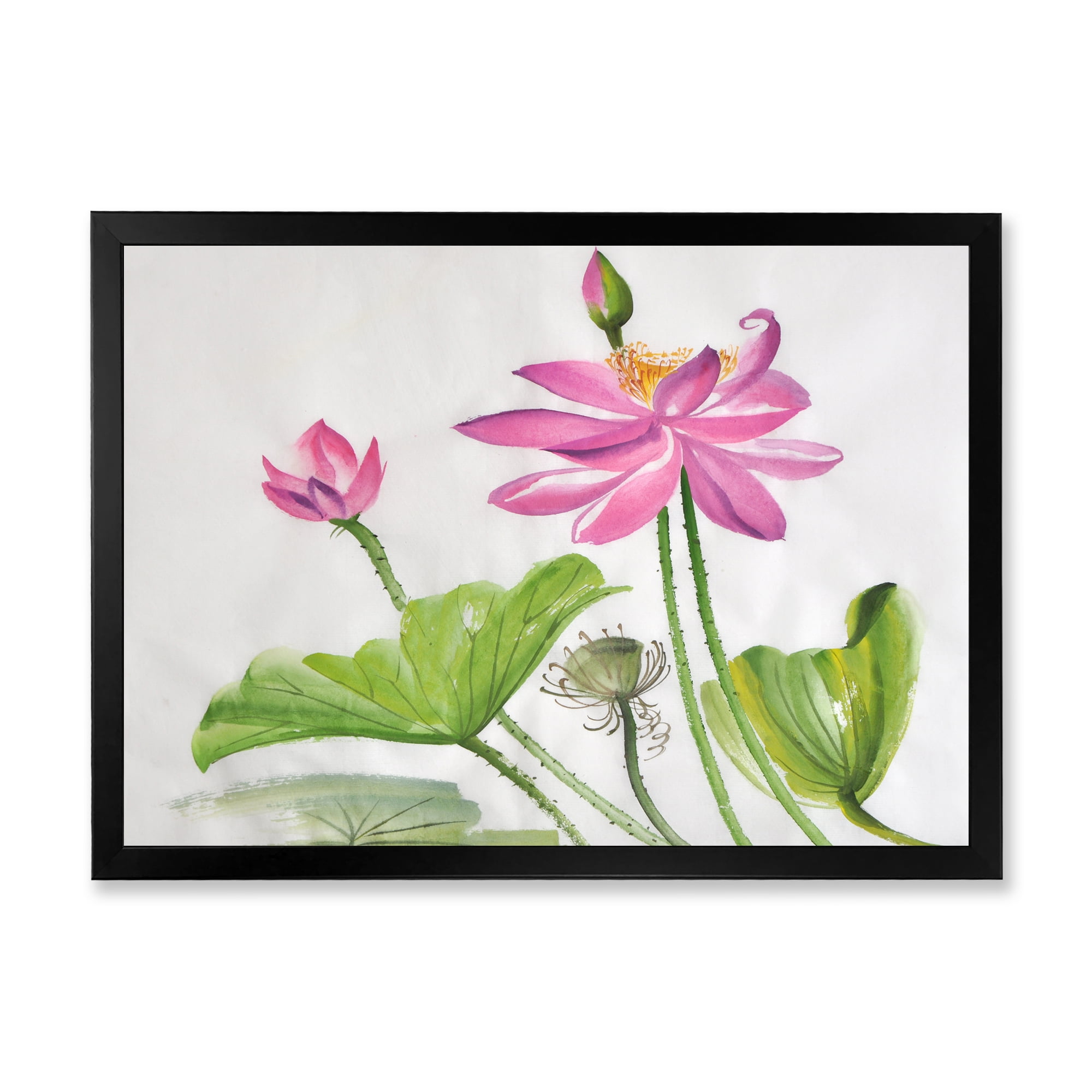 Designart 'Two Pink Lotus Flowers With Green Leaves' Traditional Framed Art Print