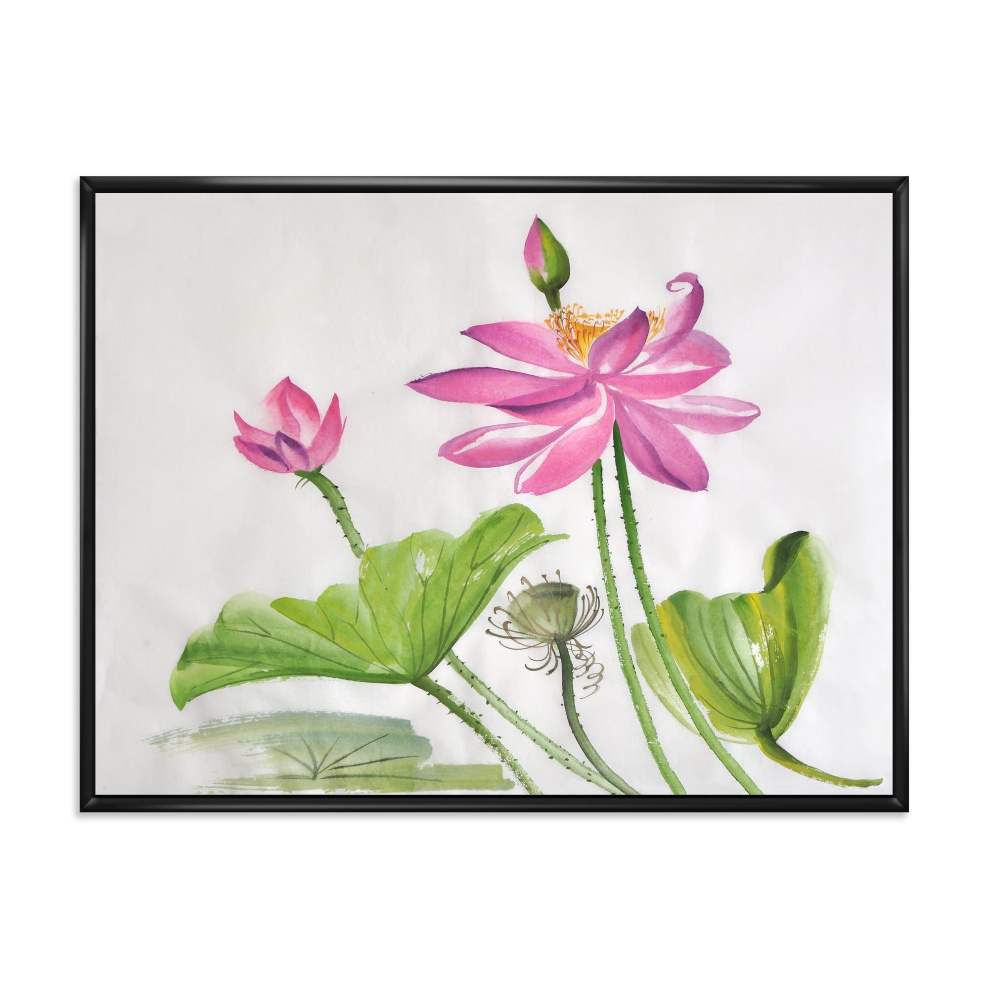 Designart 'Two Pink Lotus Flowers With Green Leaves' Traditional Framed Canvas Wall Art Print