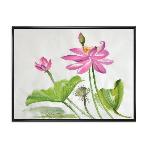 Designart 'Two Pink Lotus Flowers With Green Leaves' Traditional Framed Canvas Wall Art Print