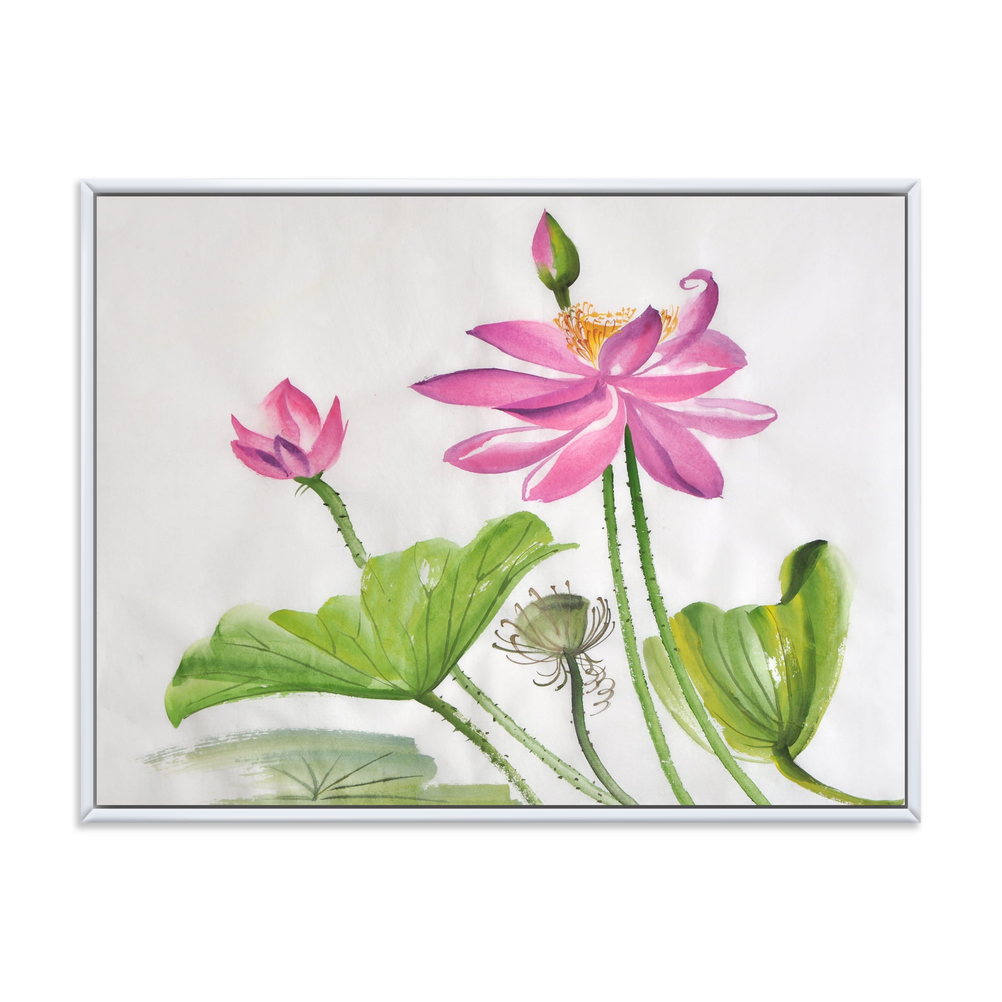 Designart 'Two Pink Lotus Flowers With Green Leaves' Traditional Framed Canvas Wall Art Print