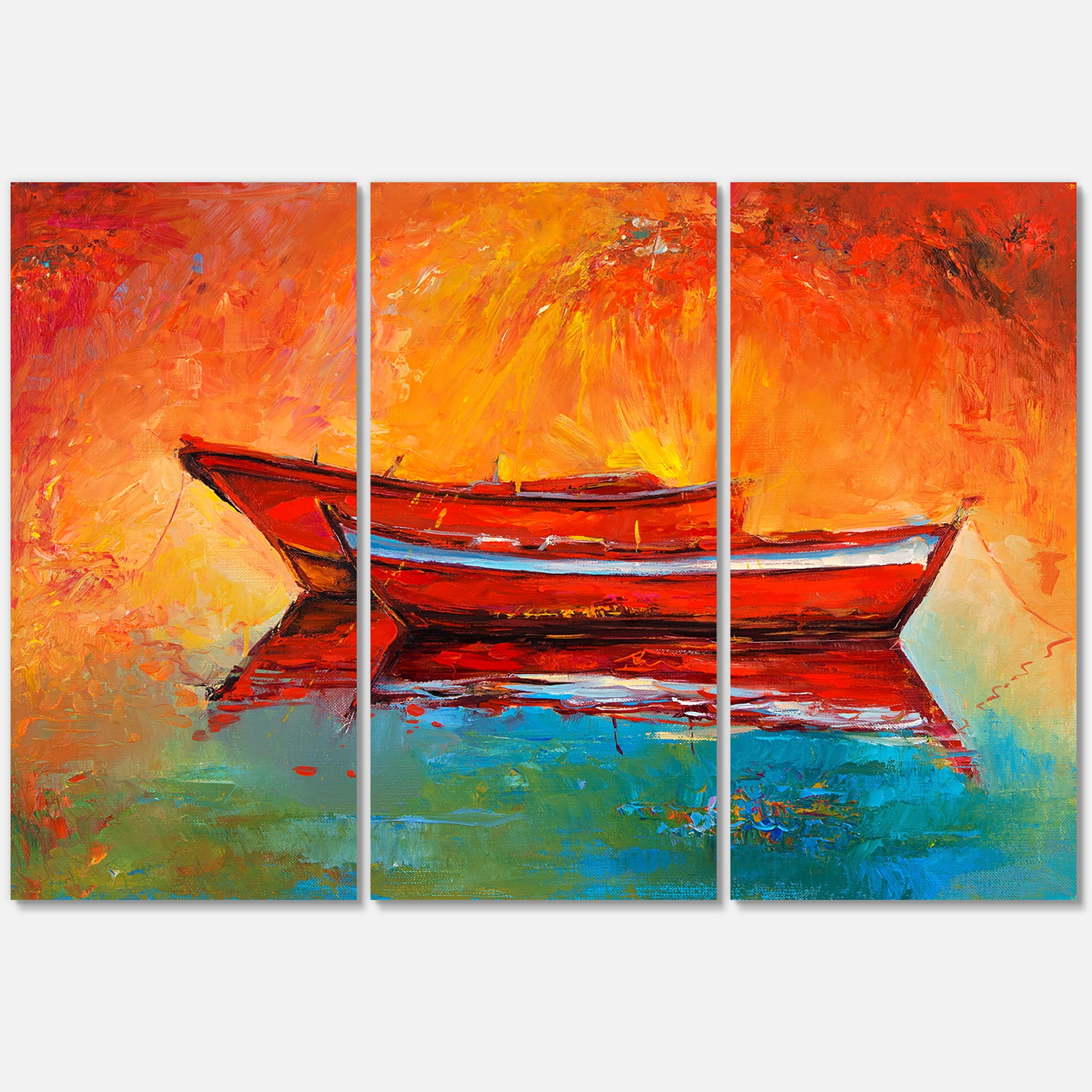 Designart ' Two Red Boats During Sunset In Lake ' Nautical & Coastal Canvas Wall Art Print