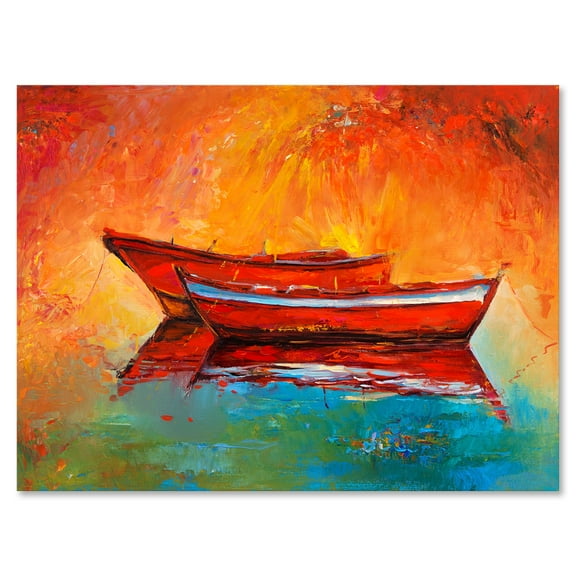 Designart ' Two Red Boats During Sunset In Lake ' Nautical & Coastal Canvas Wall Art Print