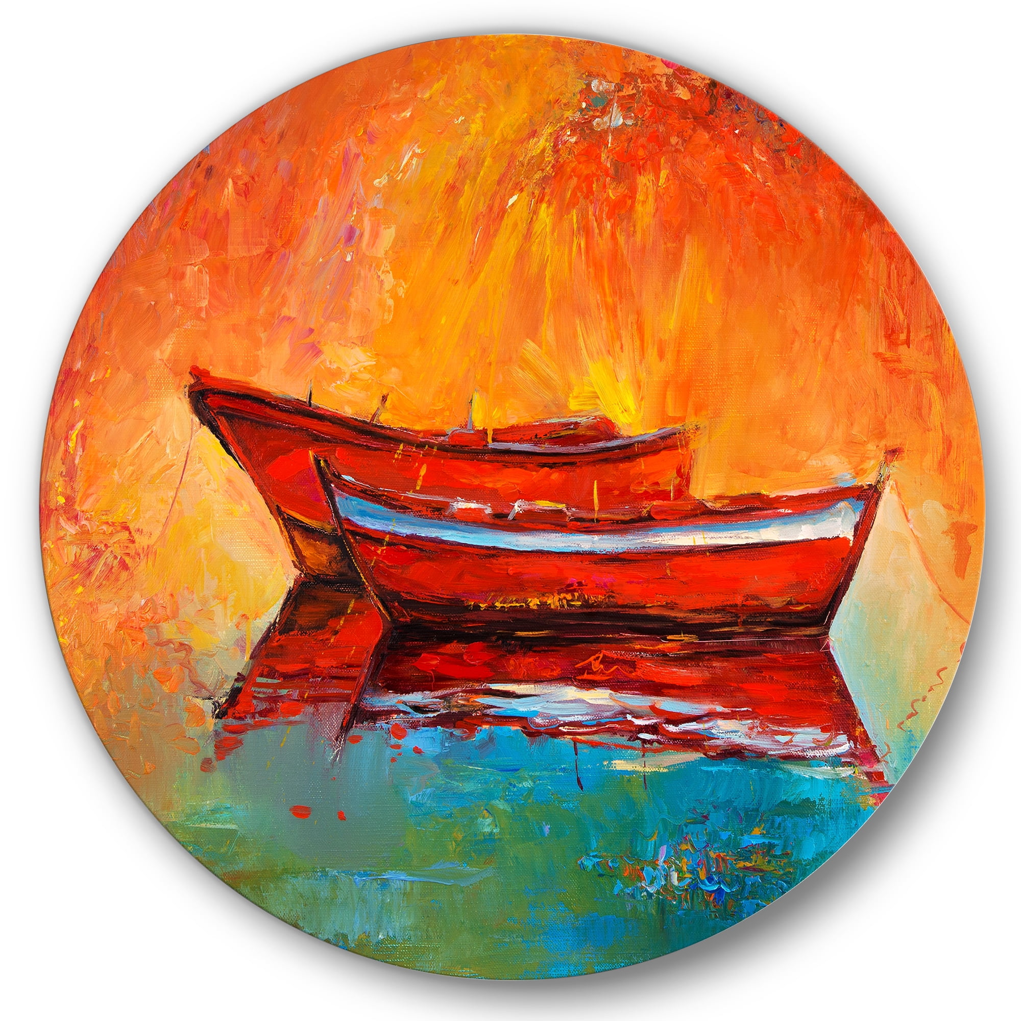 Designart 'Two Red Boats During Sunset In Lake' Nautical & Coastal Circle Metal Wall Art 29x29 - Disc of 29