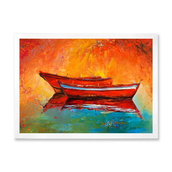 Designart 'Two Red Boats During Sunset In Lake' Nautical & Coastal Framed Art Print