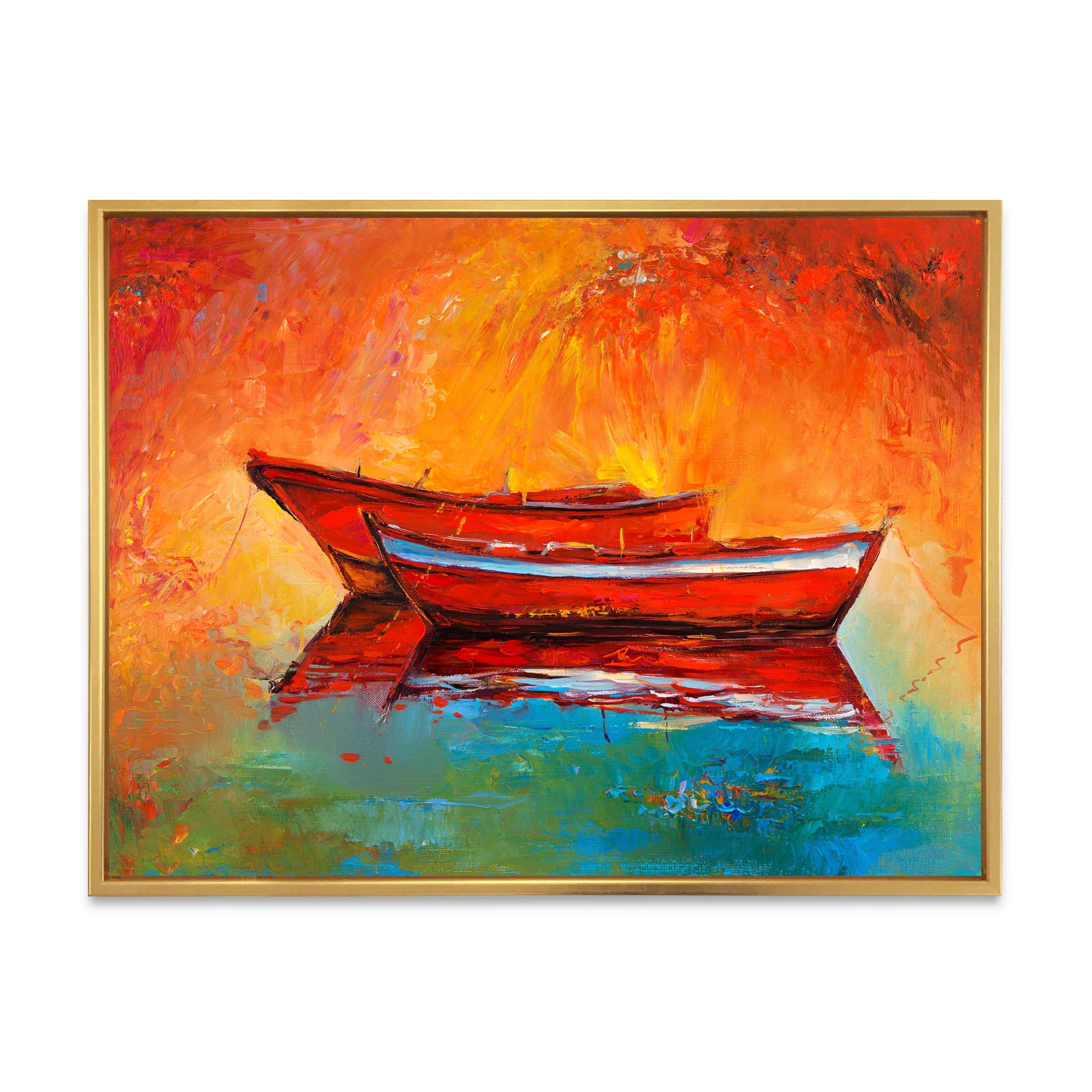 Designart 'Two Red Boats During Sunset In Lake' Nautical & Coastal Framed Canvas Wall Art Print